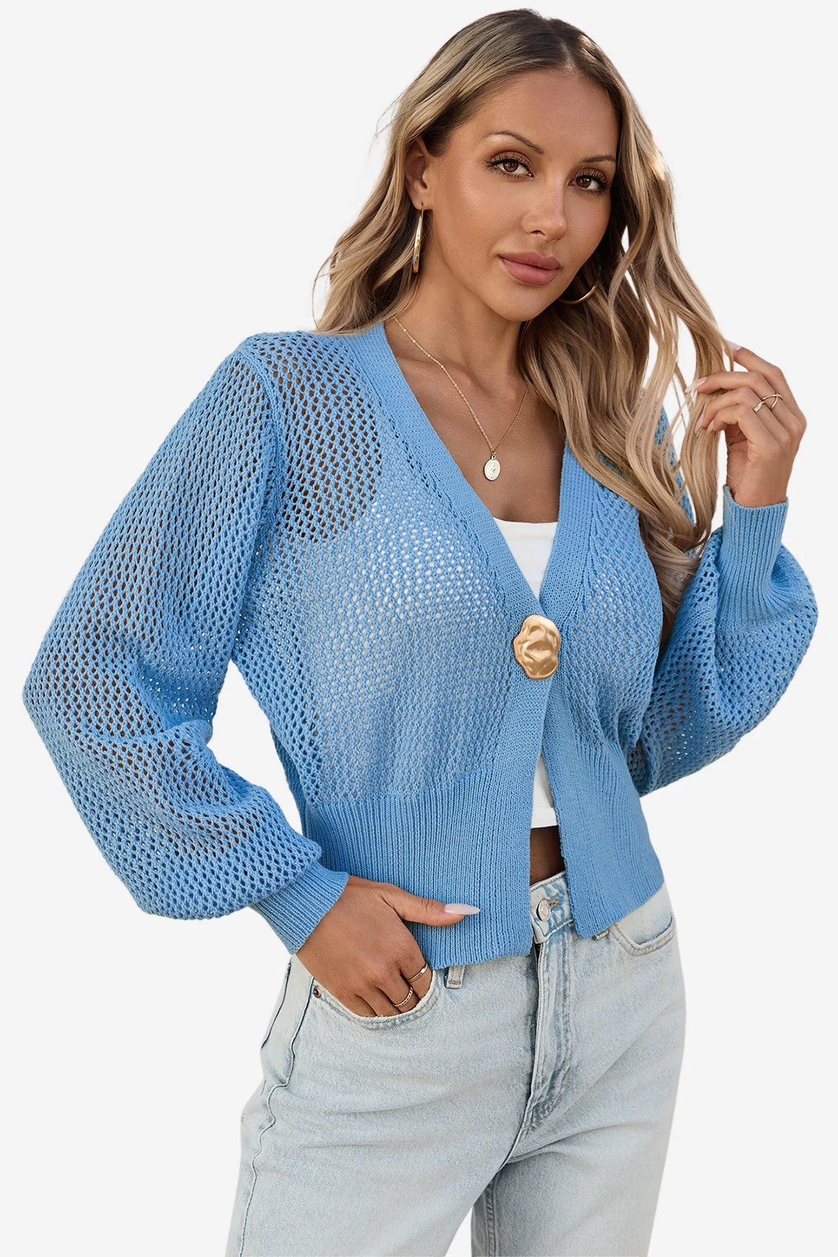 Cicy Bell Womens Blue Cropped Crochet Cardigans