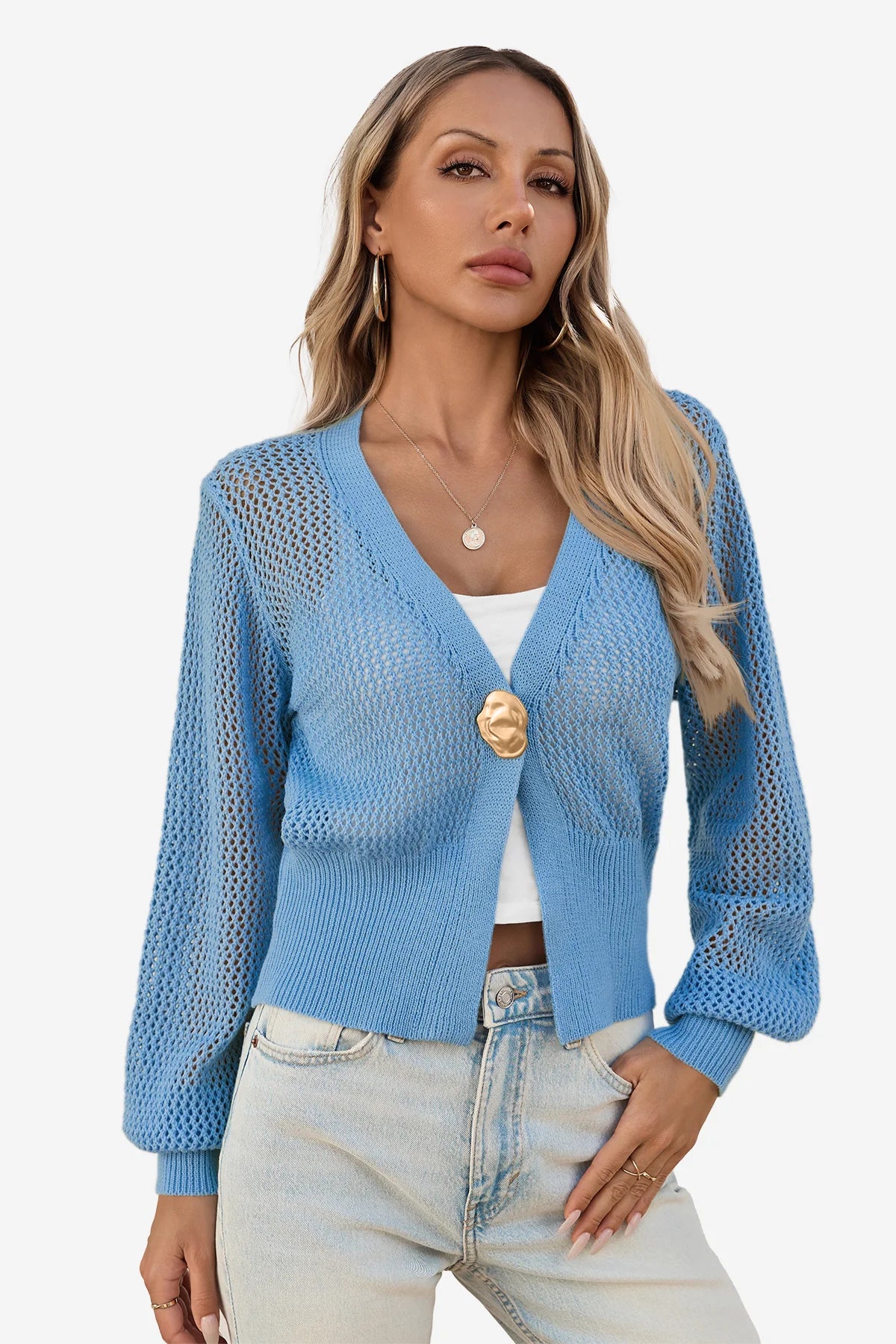 Cicy Bell Womens Blue Cropped Crochet Cardigans