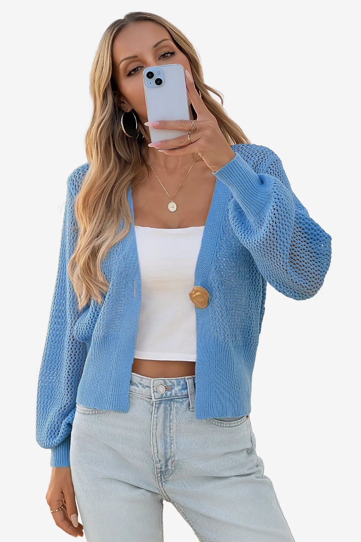 Cicy Bell Womens Blue Cropped Crochet Cardigans