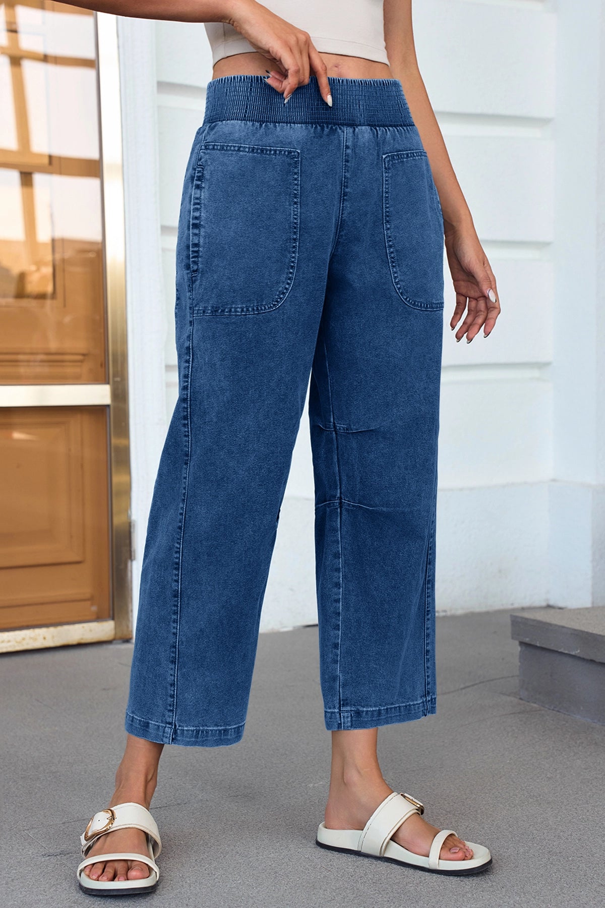 Cicy Bell Womens Blue Smocked Barrel Jeans