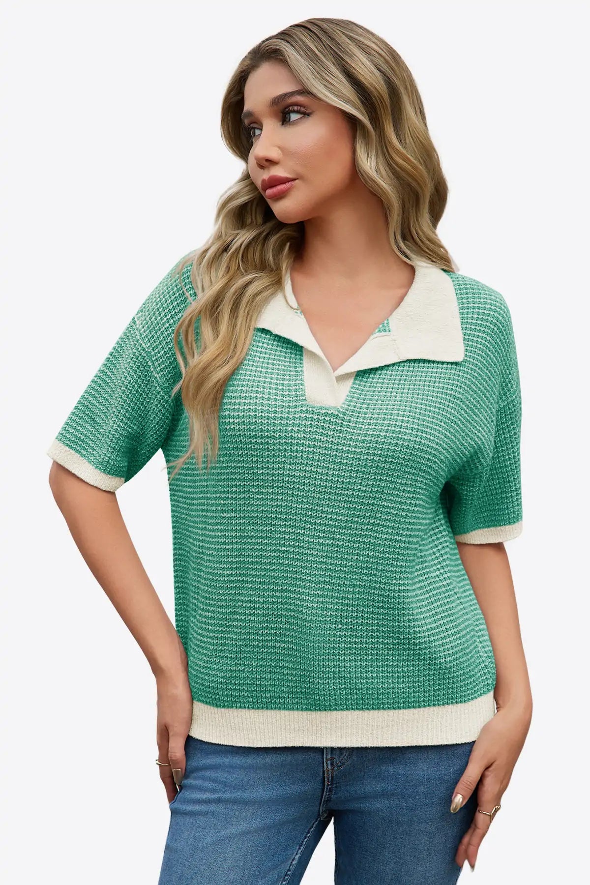 Cicy Bell Womens Green Striped Cropped Sweaters Tops