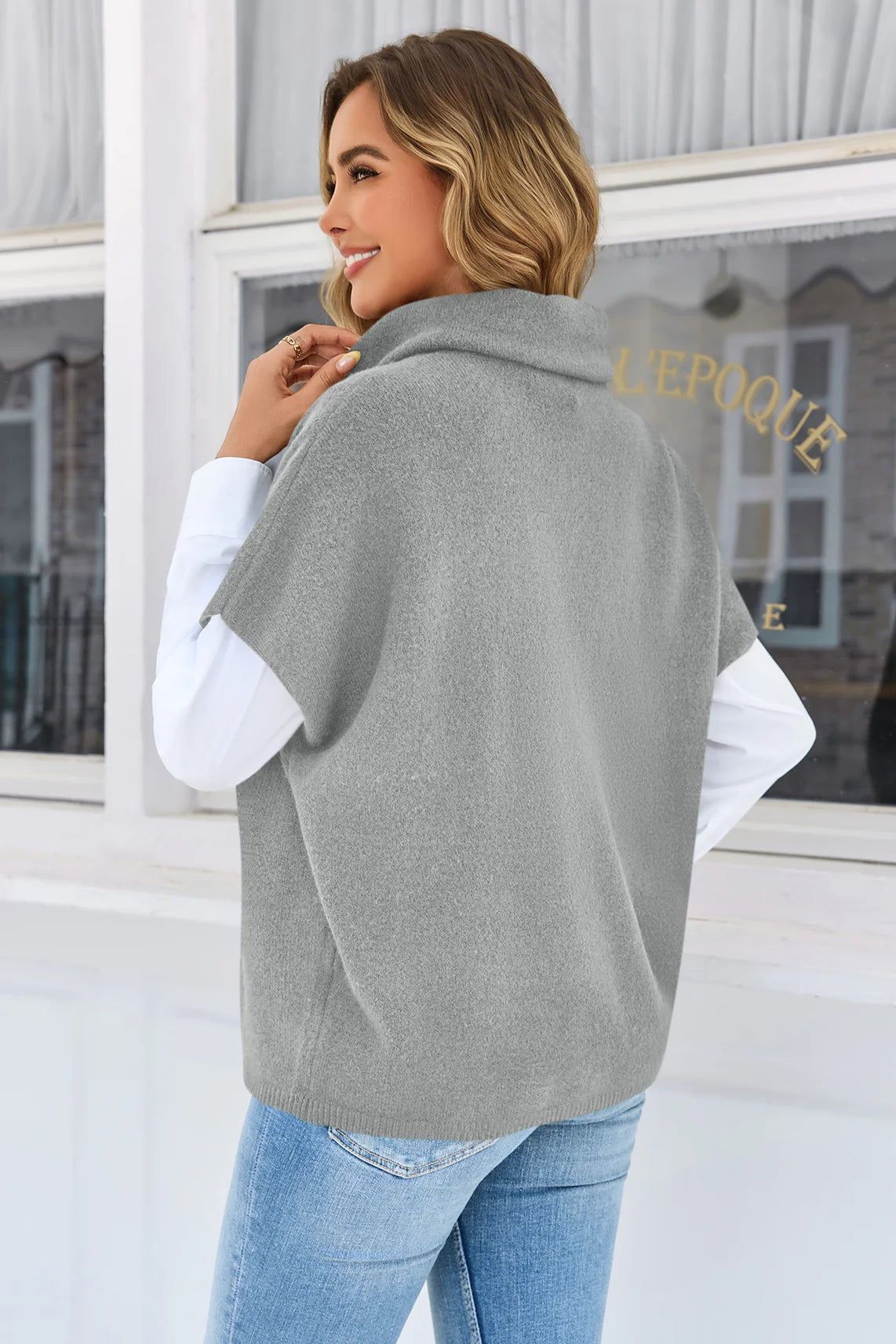 Cicy Bell Womens Grey Oversized Turtleneck Poncho Sweaters