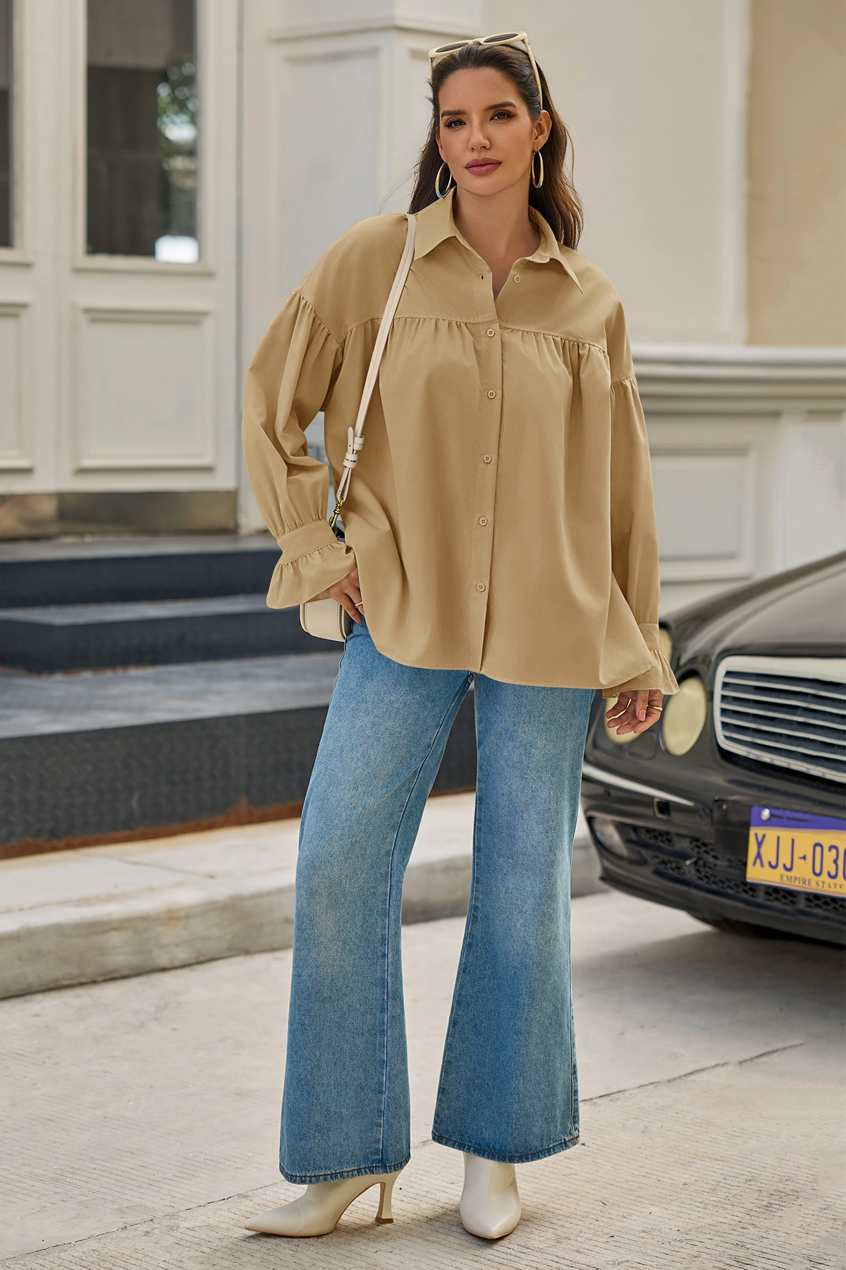 Cicy Bell Womens Khaki Oversized Button Down Shirts