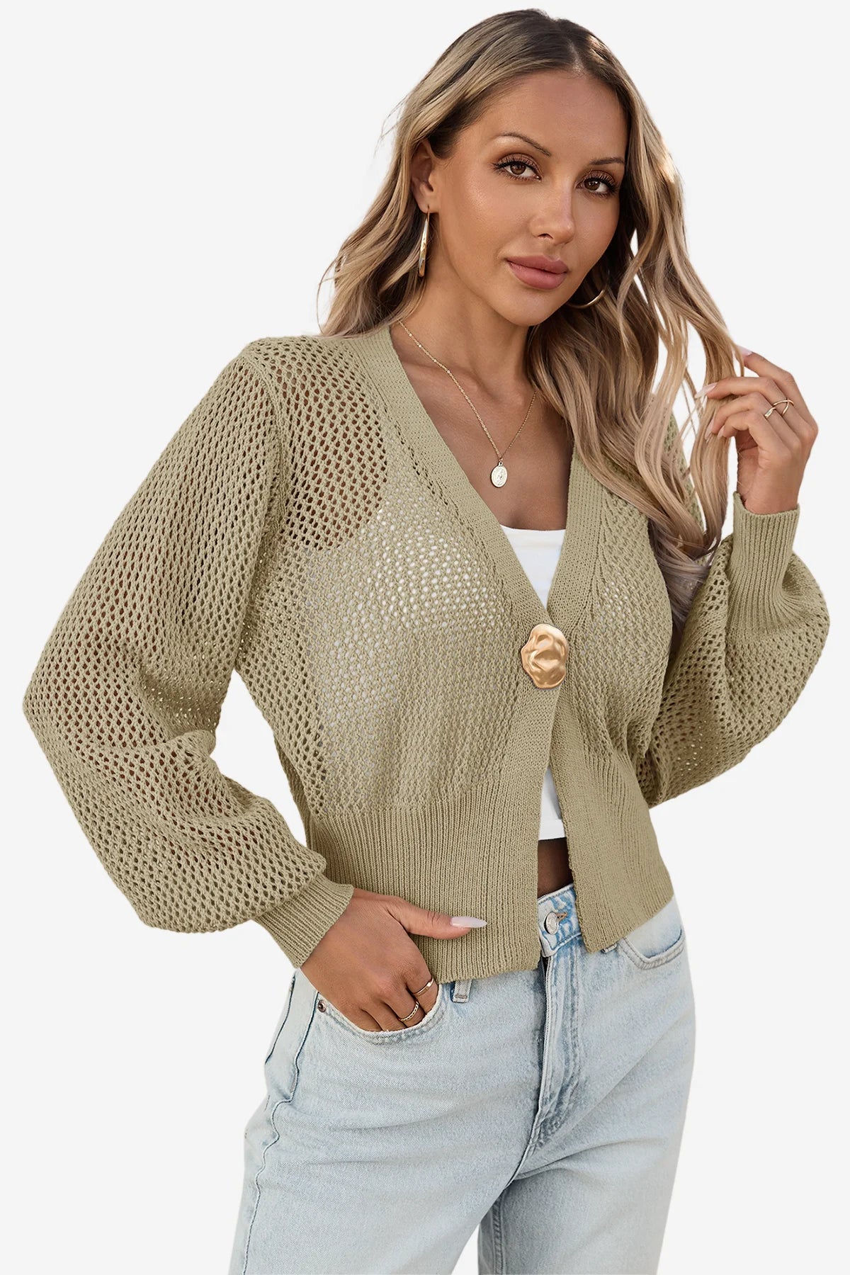 Cicy Bell Womens Khaki Cropped Crochet Cardigans
