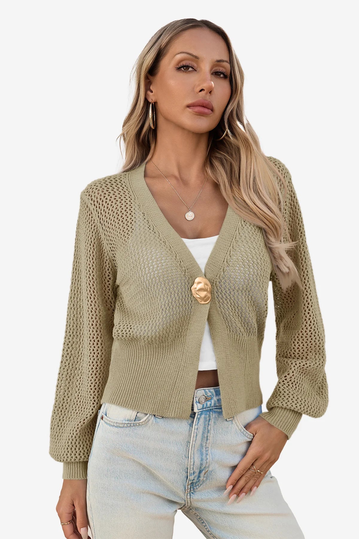 Cicy Bell Womens Khaki Cropped Crochet Cardigans