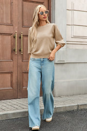 Cicy Bell Womens Khaki 3/4 Puff Sleeve Sweater Tops