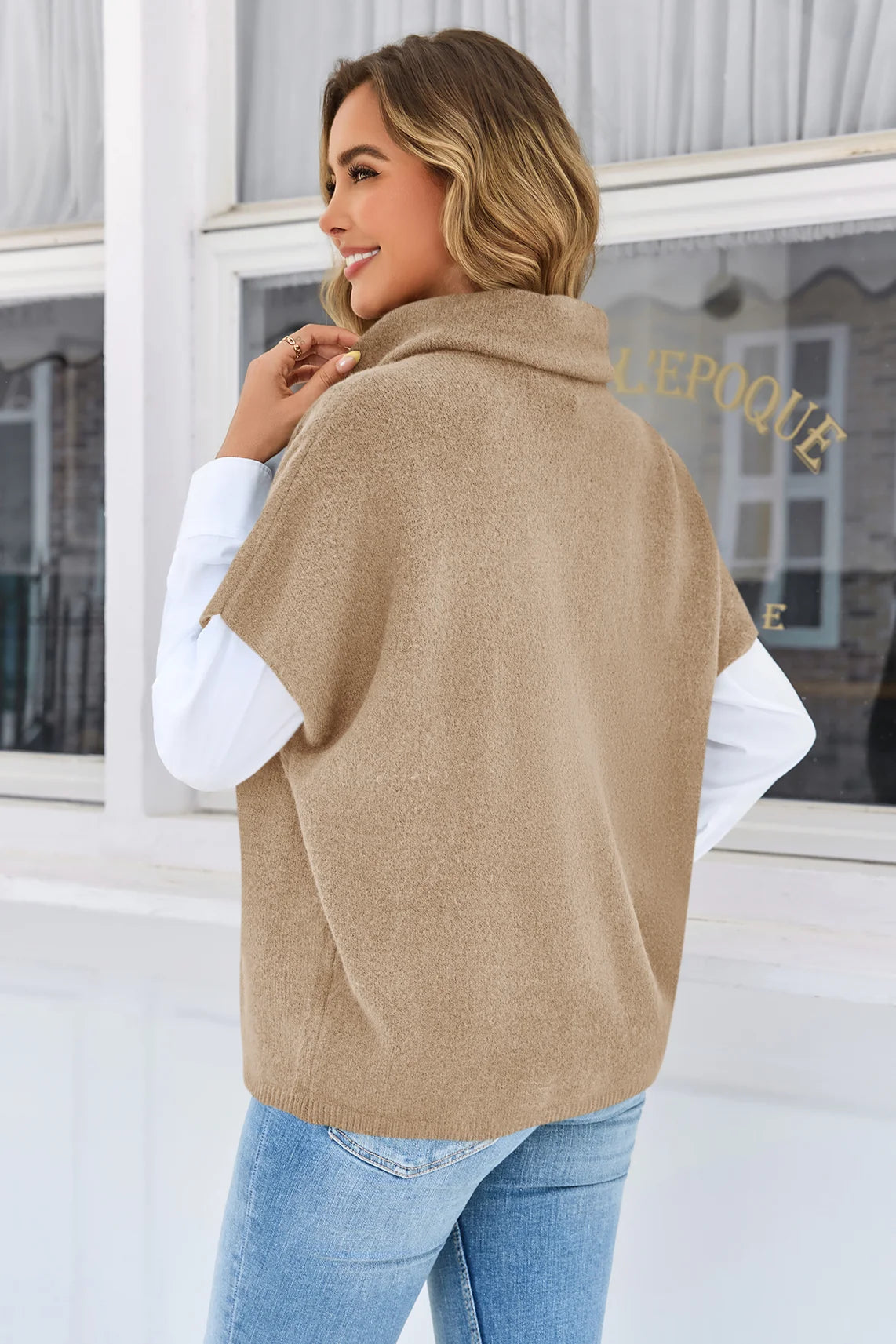 Cicy Bell Womens Khaki Oversized Turtleneck Poncho Sweaters