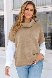 Cicy Bell Womens Khaki Oversized Turtleneck Poncho Sweaters