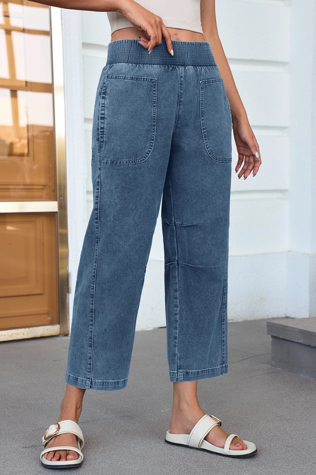 Cicy Bell Womens Light Blue Smocked Barrel Jeans