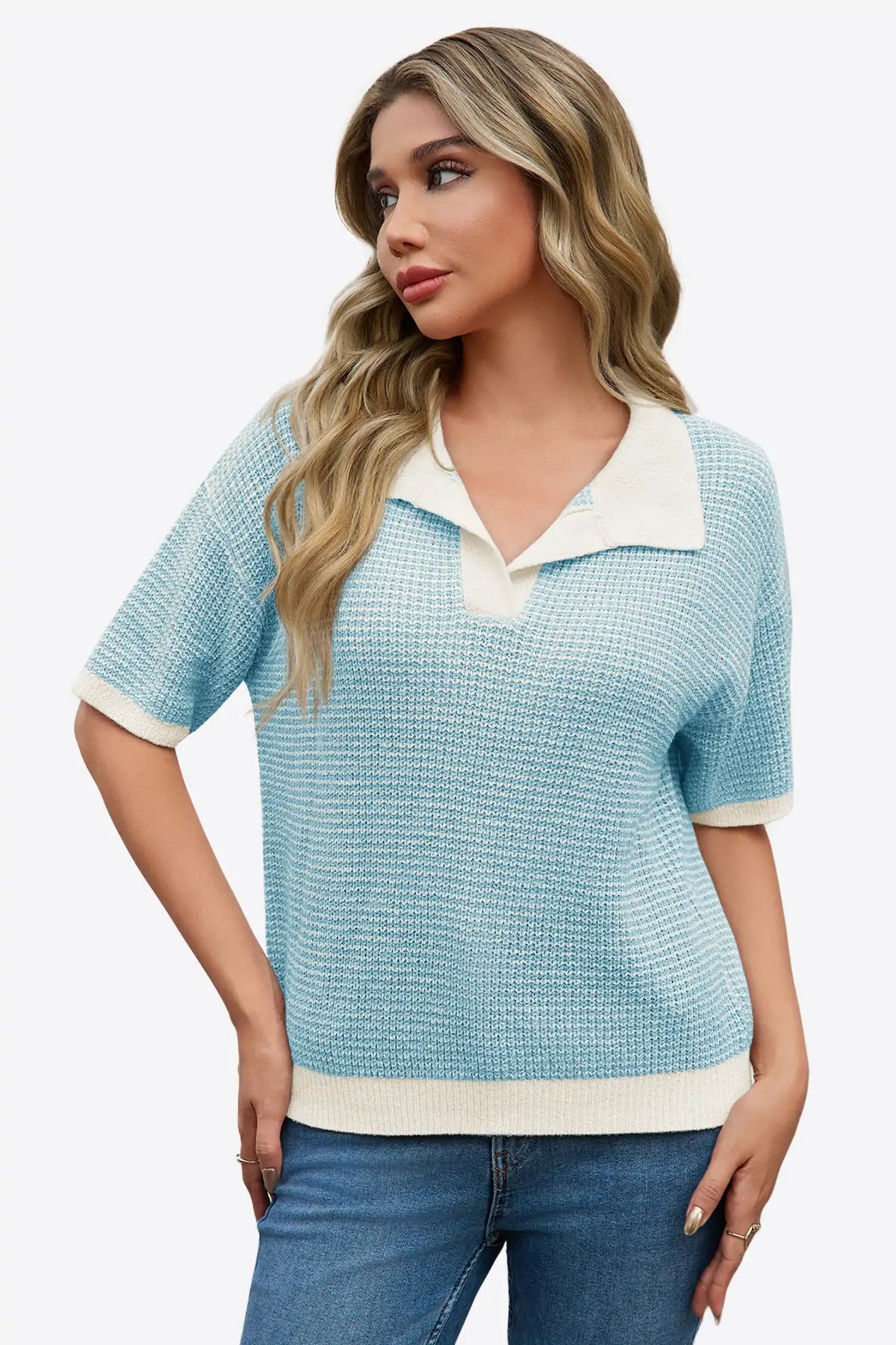 Cicy Bell Womens Light Blue Striped Cropped Sweaters Tops