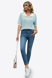 Cicy Bell Womens Light Blue Striped Cropped Sweaters Tops