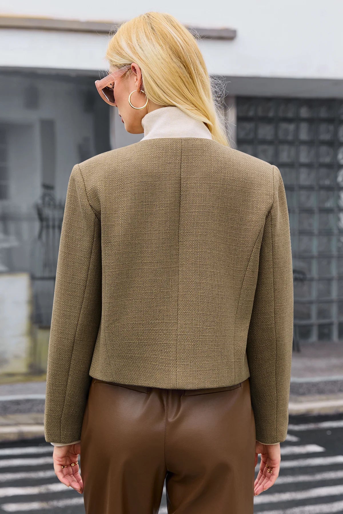 Cicy Bell Womens Light Brown Cropped Tweed Blazer Jackets