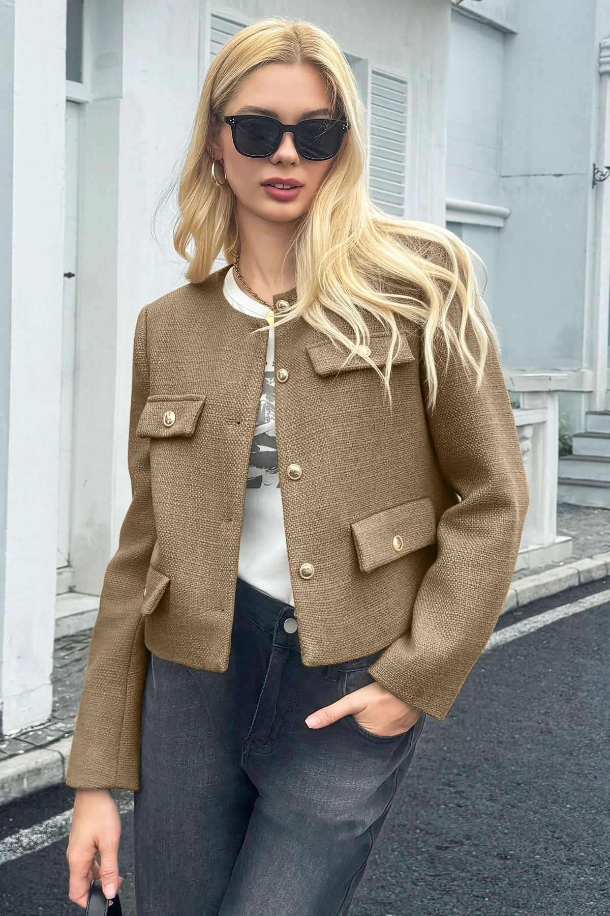 Cicy Bell Womens Light Brown Cropped Tweed Blazer Jackets