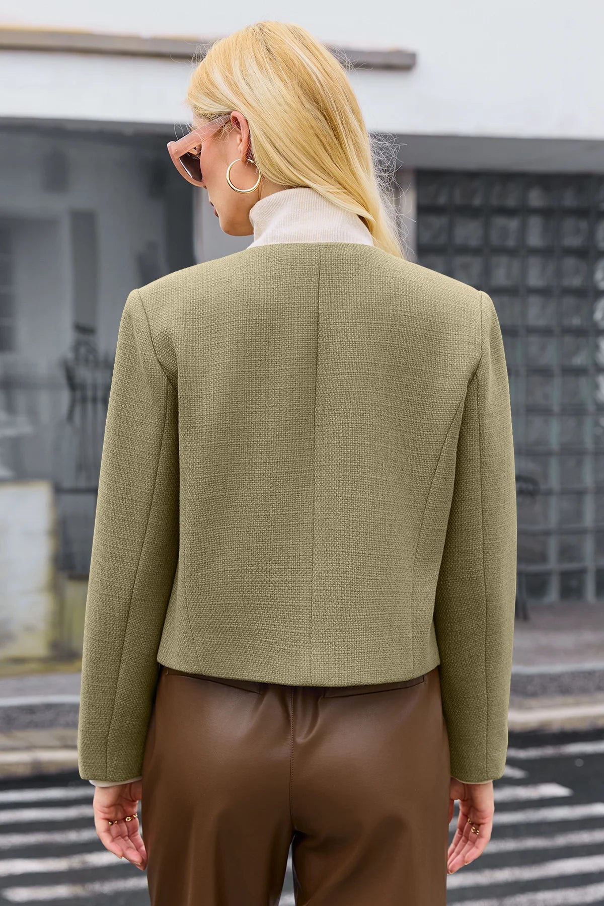 Cicy Bell Womens Light Green Cropped Tweed Blazer Jackets