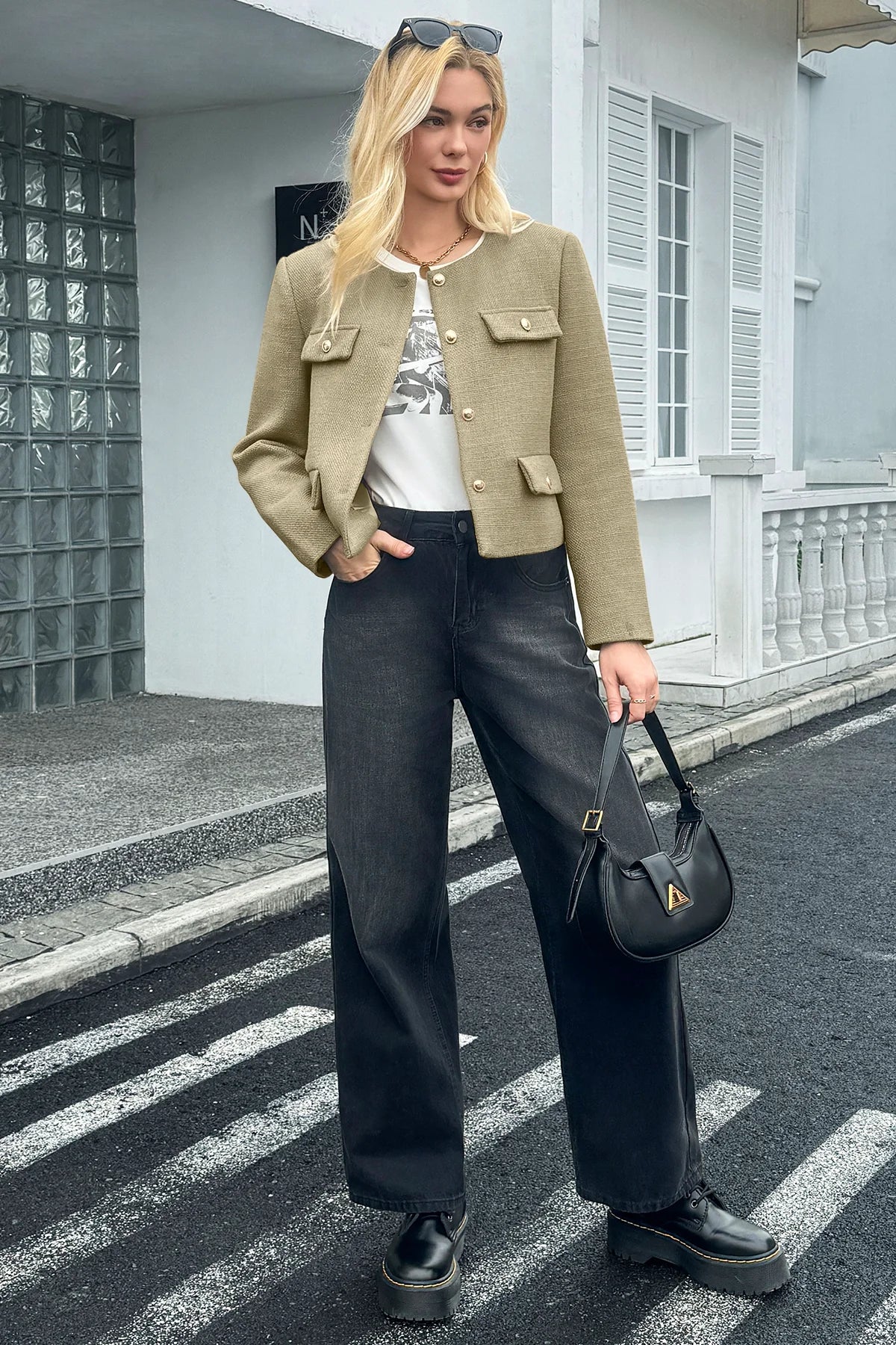 Cicy Bell Womens Light Green Cropped Tweed Blazer Jackets