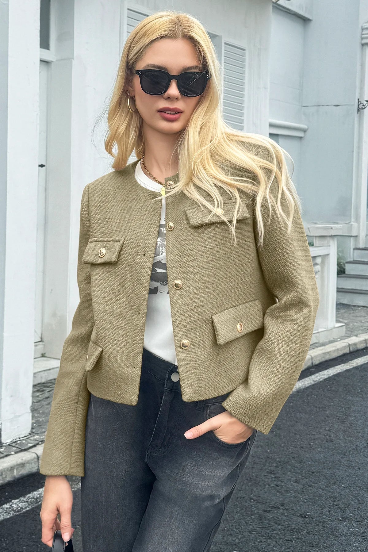 Cicy Bell Womens Light Green Cropped Tweed Blazer Jackets