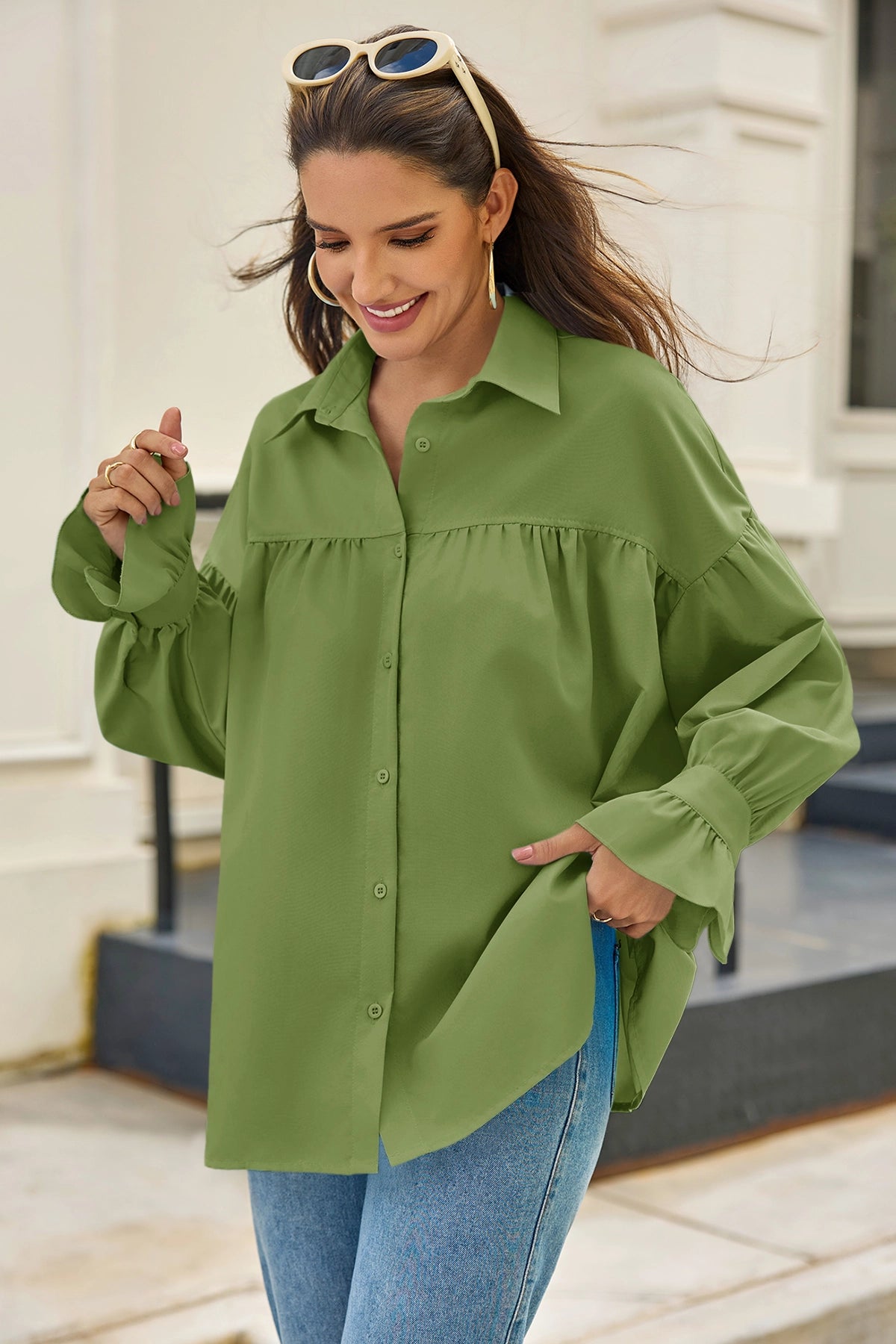 Cicy Bell Womens Olive Green Oversized Button Down Shirts