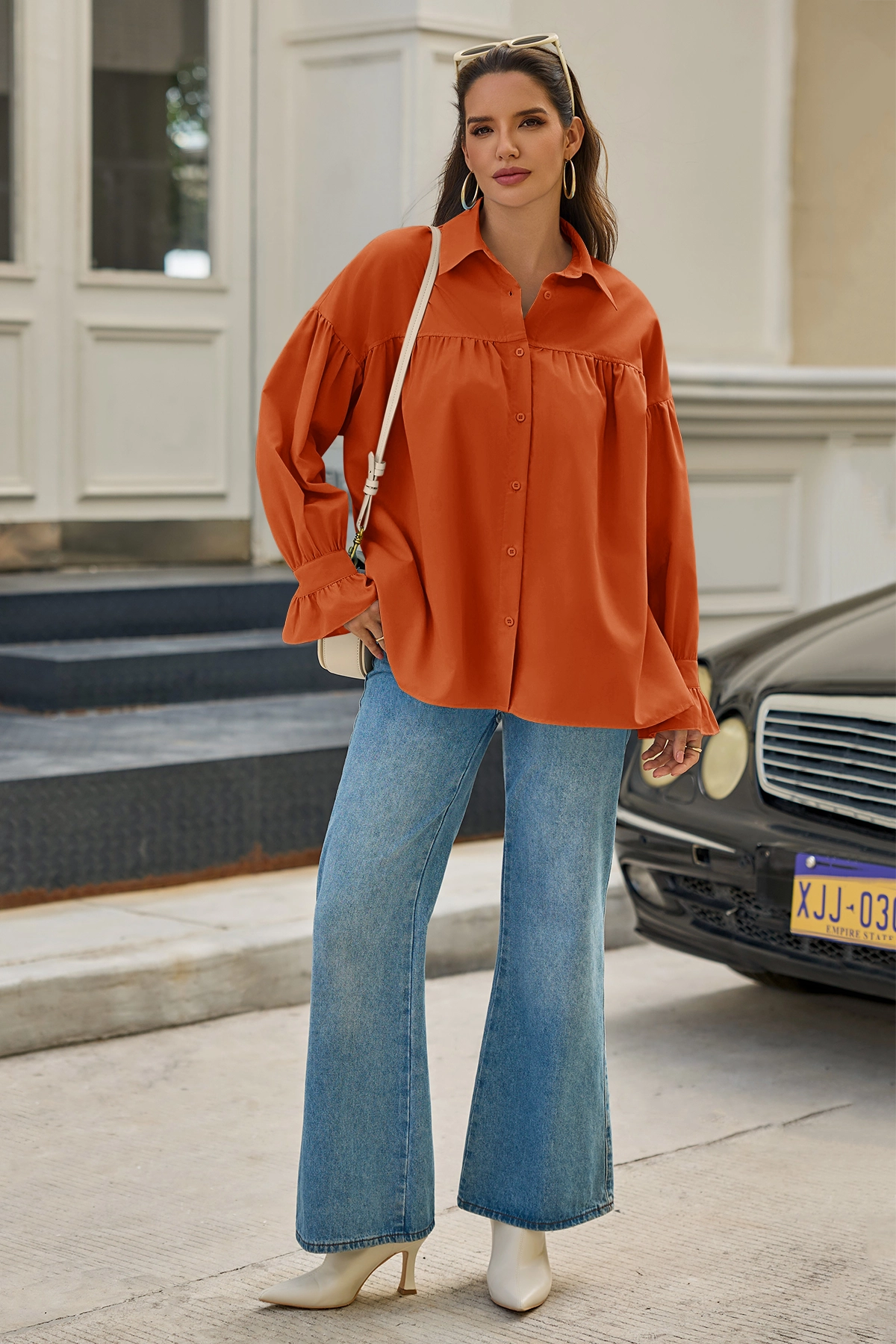 Cicy Bell Womens Orange&Red Oversized Button Down Shirts