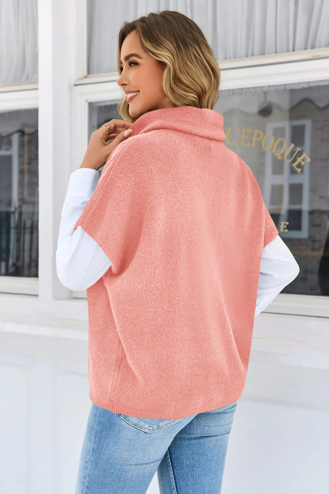 Cicy Bell Womens Pink Oversized Turtleneck Poncho Sweaters