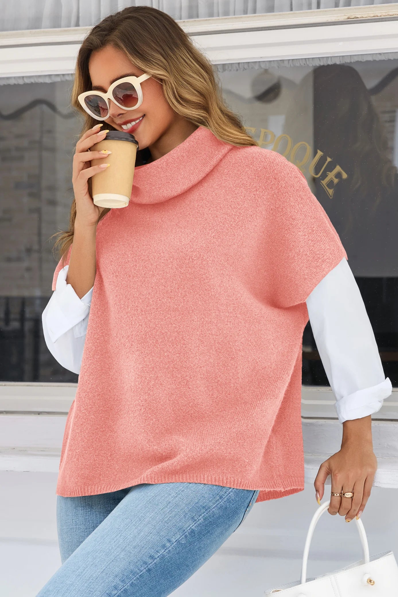 Cicy Bell Womens Pink Oversized Turtleneck Poncho Sweaters