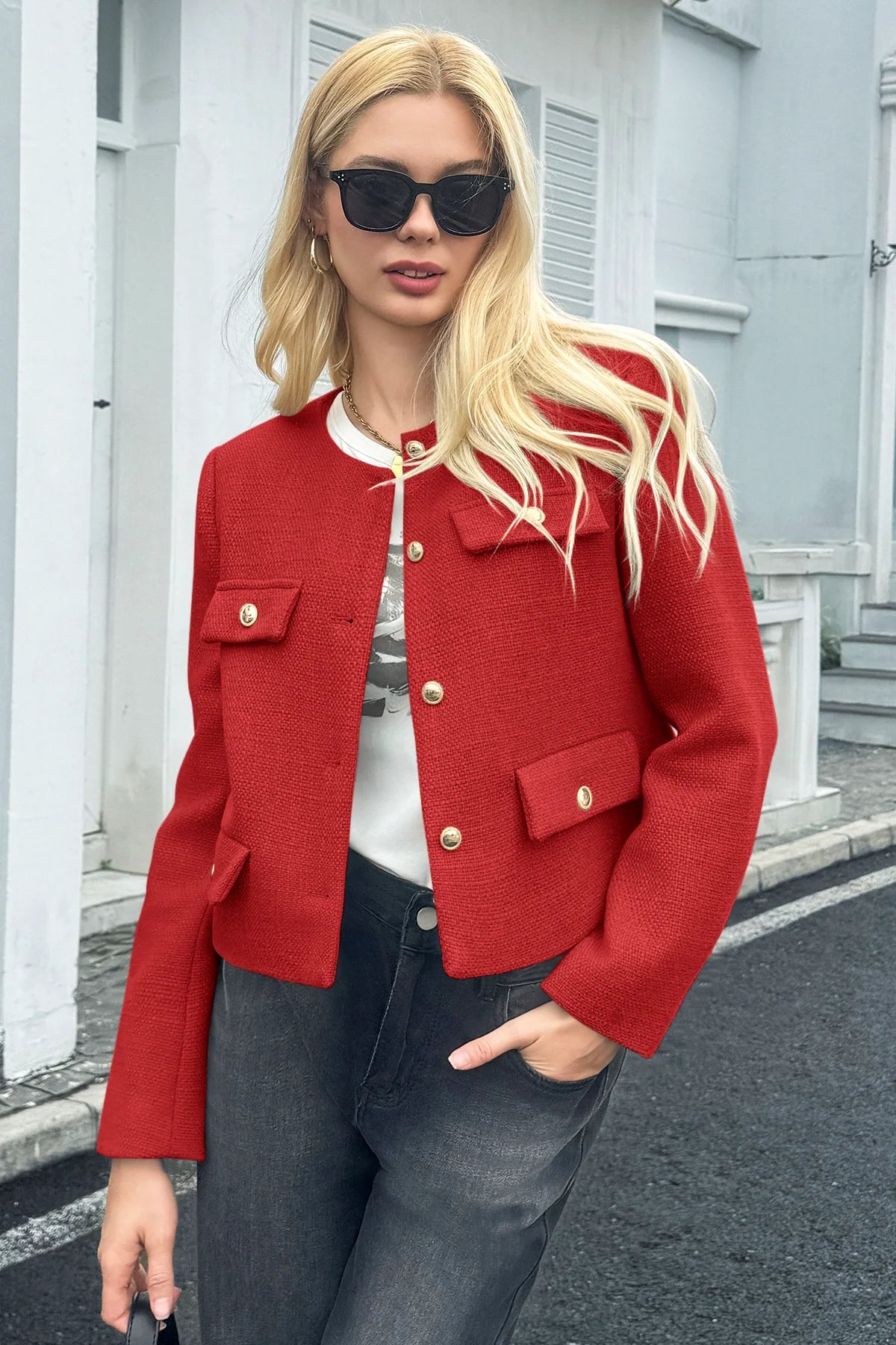 Cicy Bell Womens Red Cropped Tweed Blazer Jackets