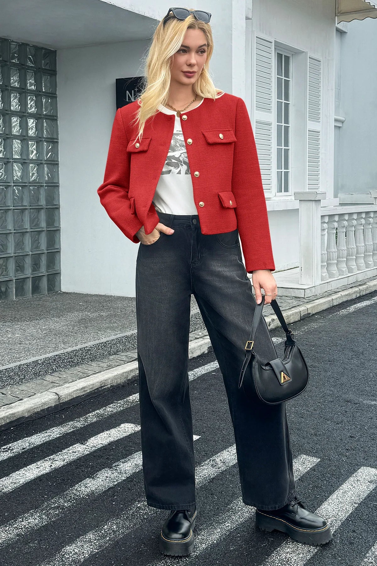 Cicy Bell Womens Red Cropped Tweed Blazer Jackets