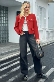 Cicy Bell Womens Red Cropped Tweed Blazer Jackets