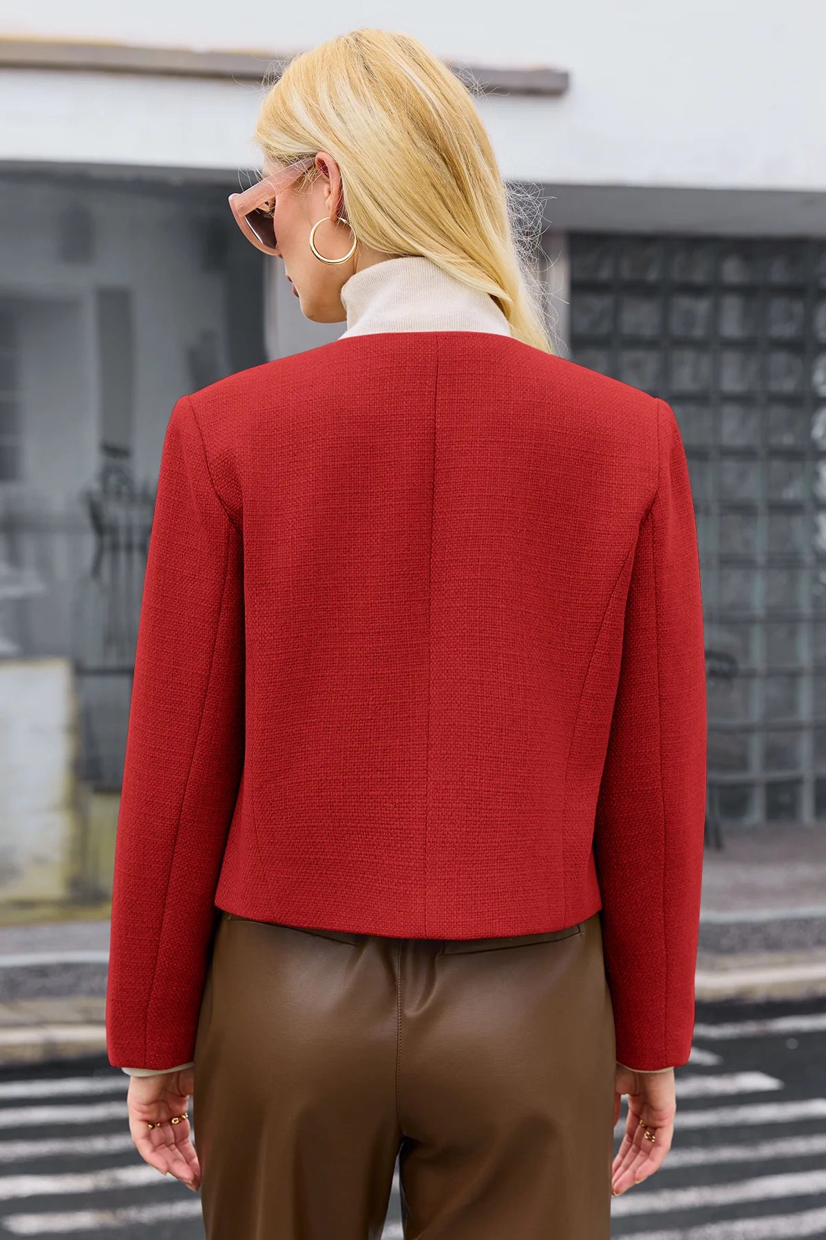 Cicy Bell Womens Red Cropped Tweed Blazer Jackets