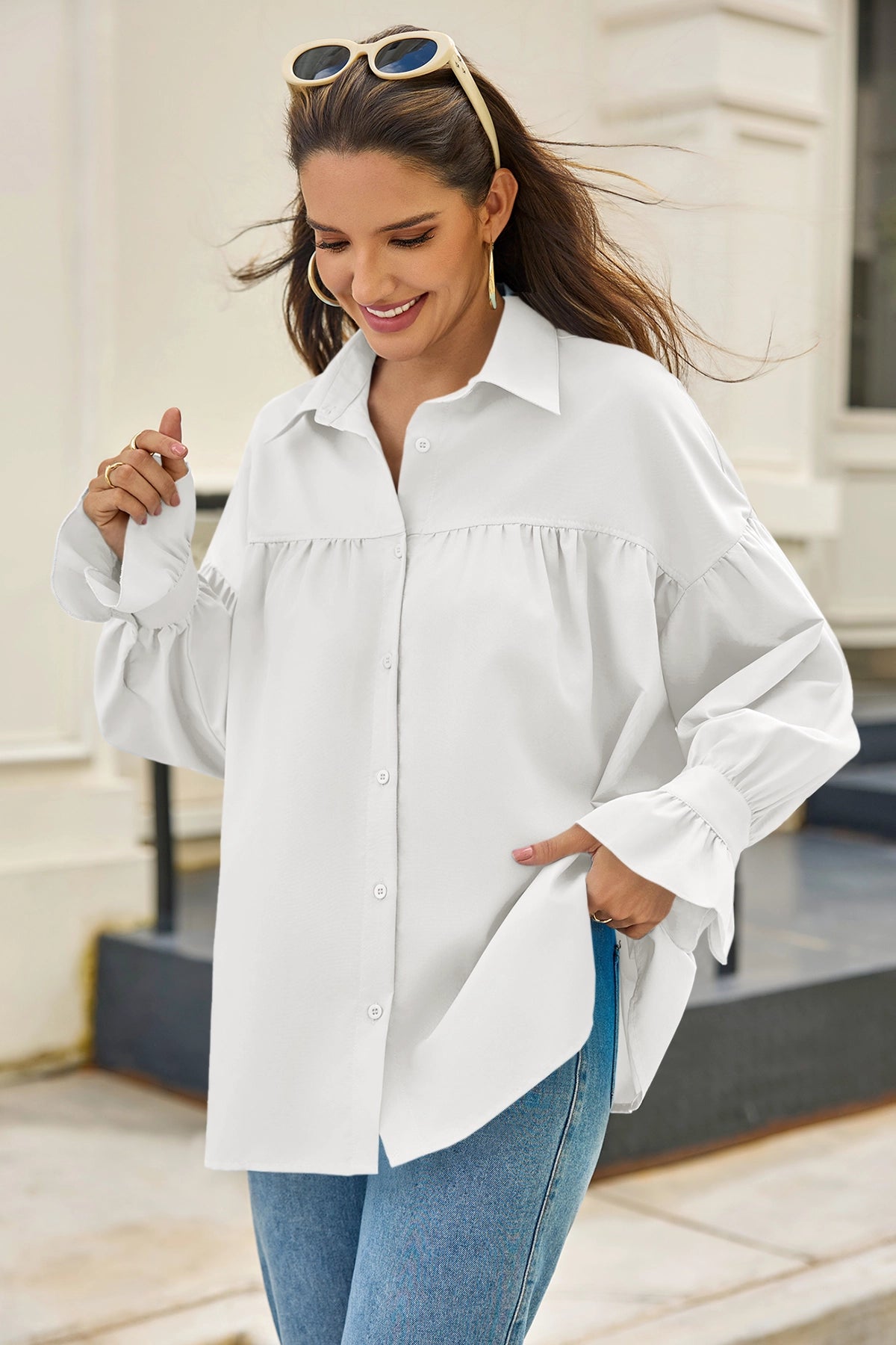 Cicy Bell Womens White Oversized Button Down Shirts