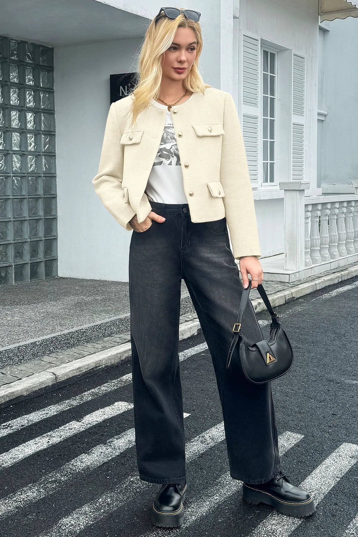 Cicy Bell Womens White Cropped Tweed Blazer Jackets