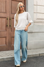 Cicy Bell Womens White 3/4 Puff Sleeve Sweater Tops