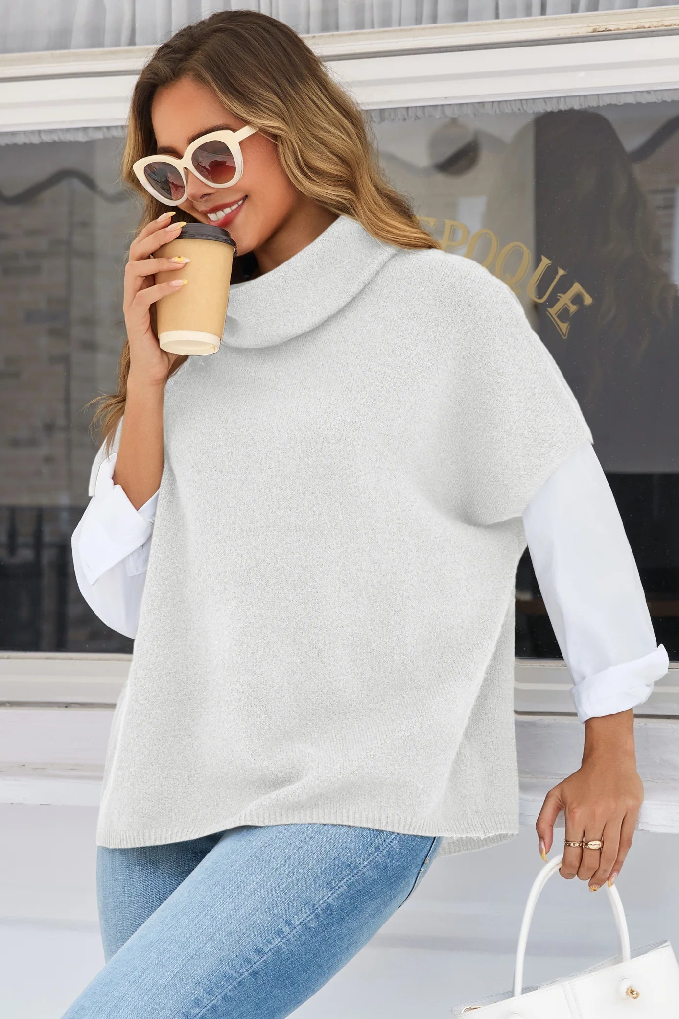 Cicy Bell Womens White Oversized Turtleneck Poncho Sweaters