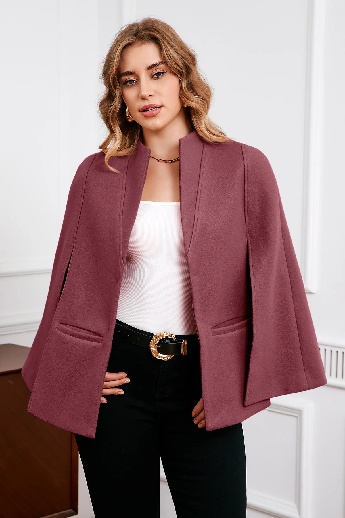 Cicy Bell Womens Wine Red Cape Pea Coat