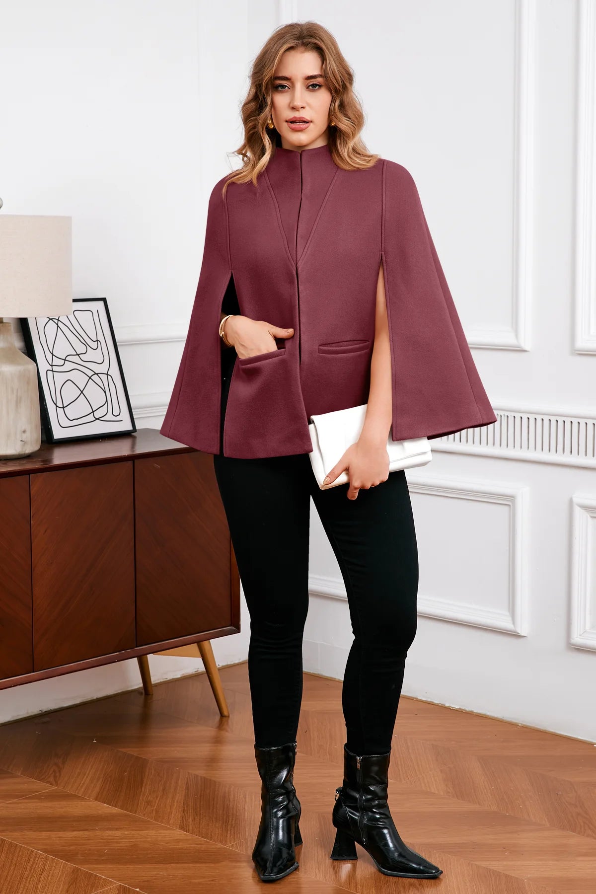 Cicy Bell Womens Wine Red Cape Pea Coat