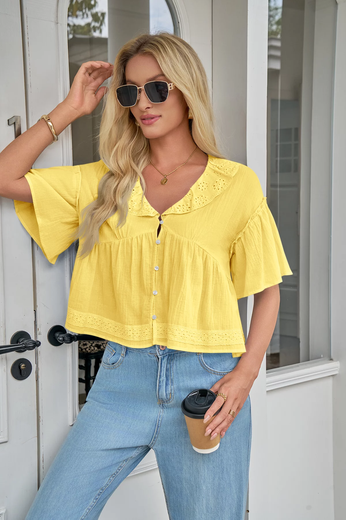 Cicy Bell Womens Yellow Babydoll Tops