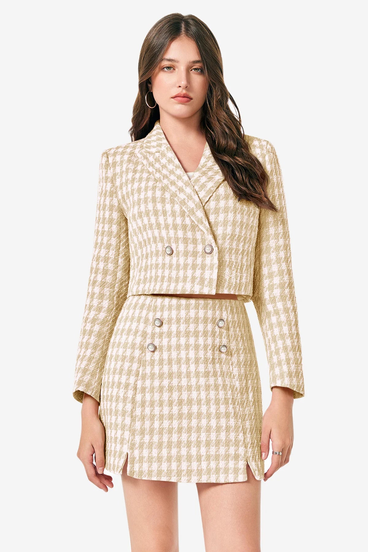 Cicy Bell Womens Beige Cropped Tweed Blazer Sets