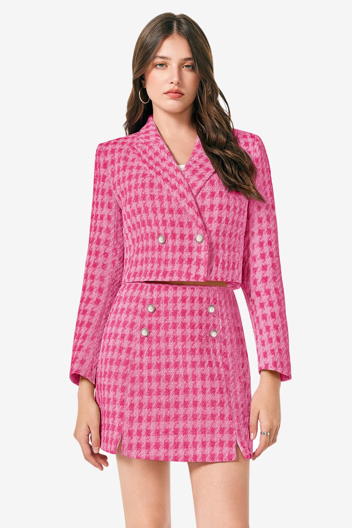 Cicy Bell Womens Bright Pink Cropped Tweed Blazer Sets