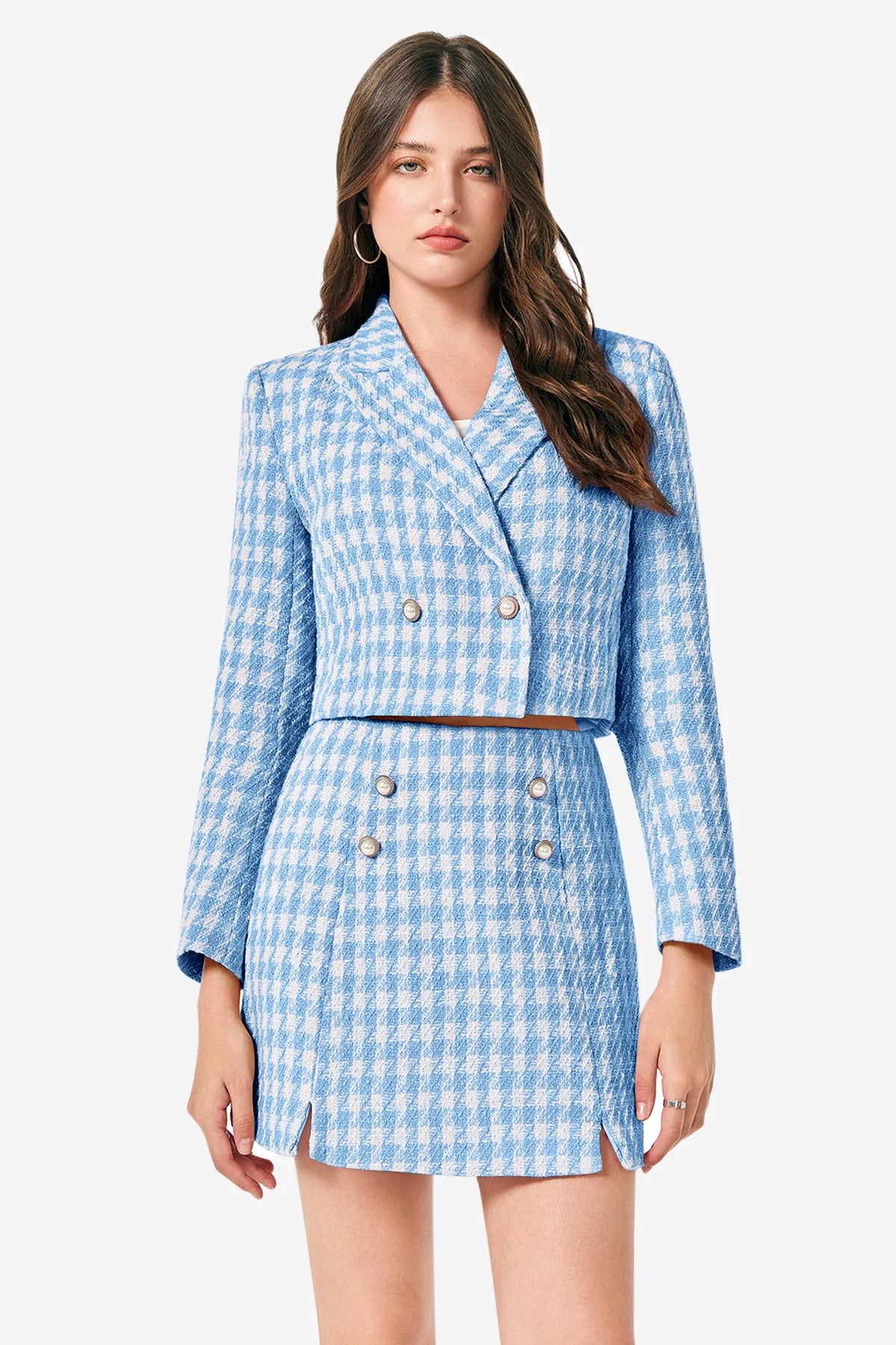 Cicy Bell Womens Light Blue Cropped Tweed Blazer Sets