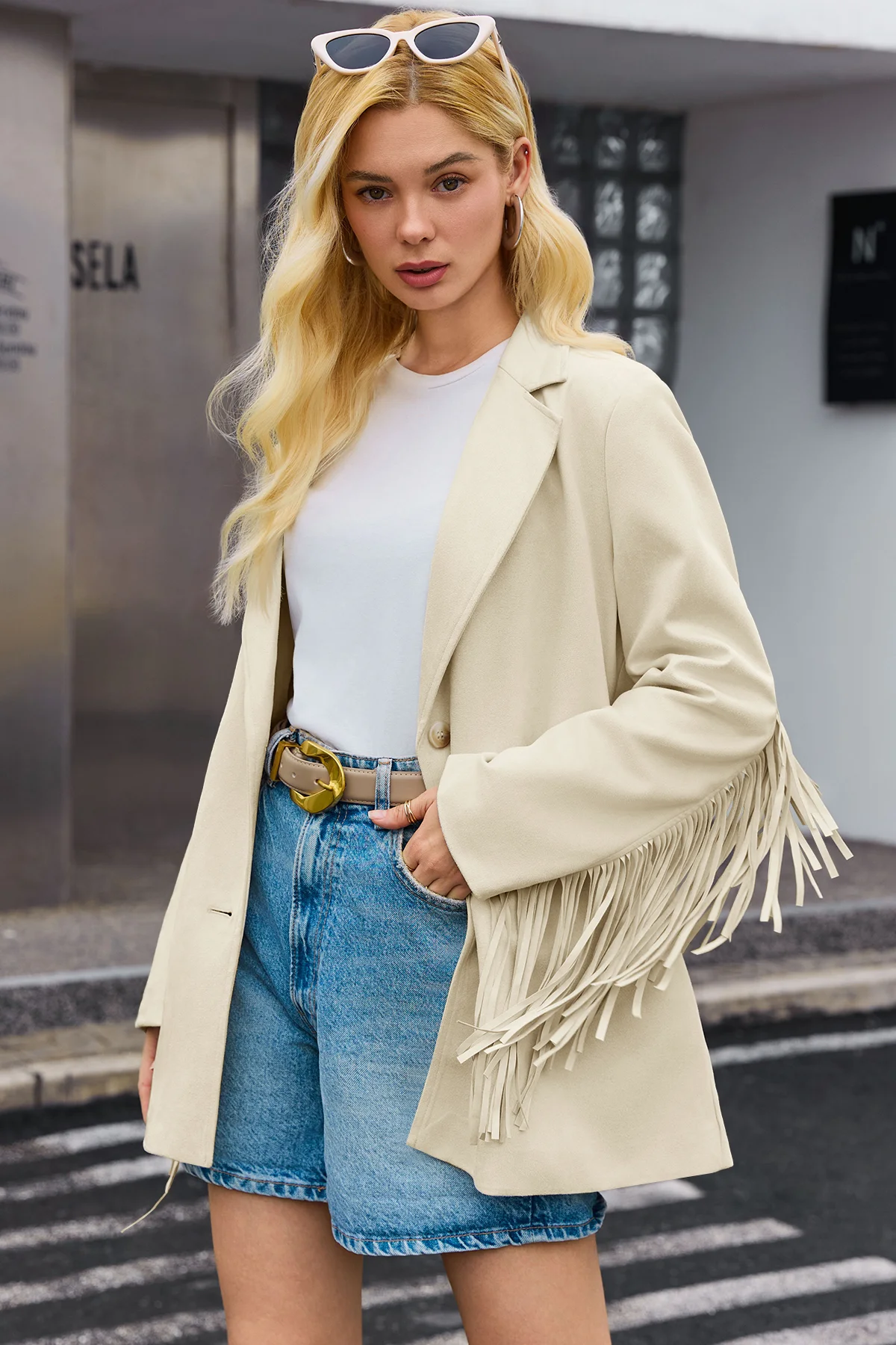 Cicy Bell Womens Beige Fringe Jacket