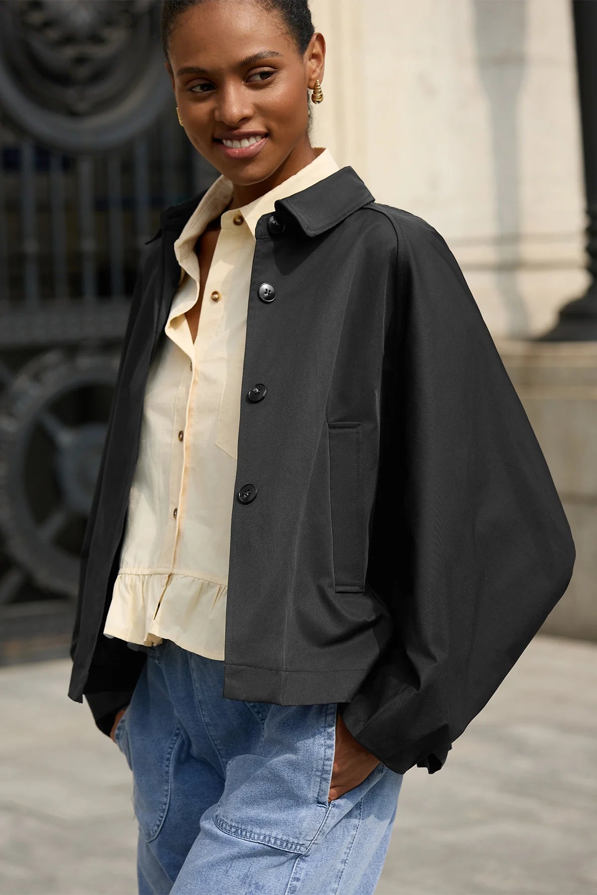 Cicy Bell Womens Black Cropped Trench Coat