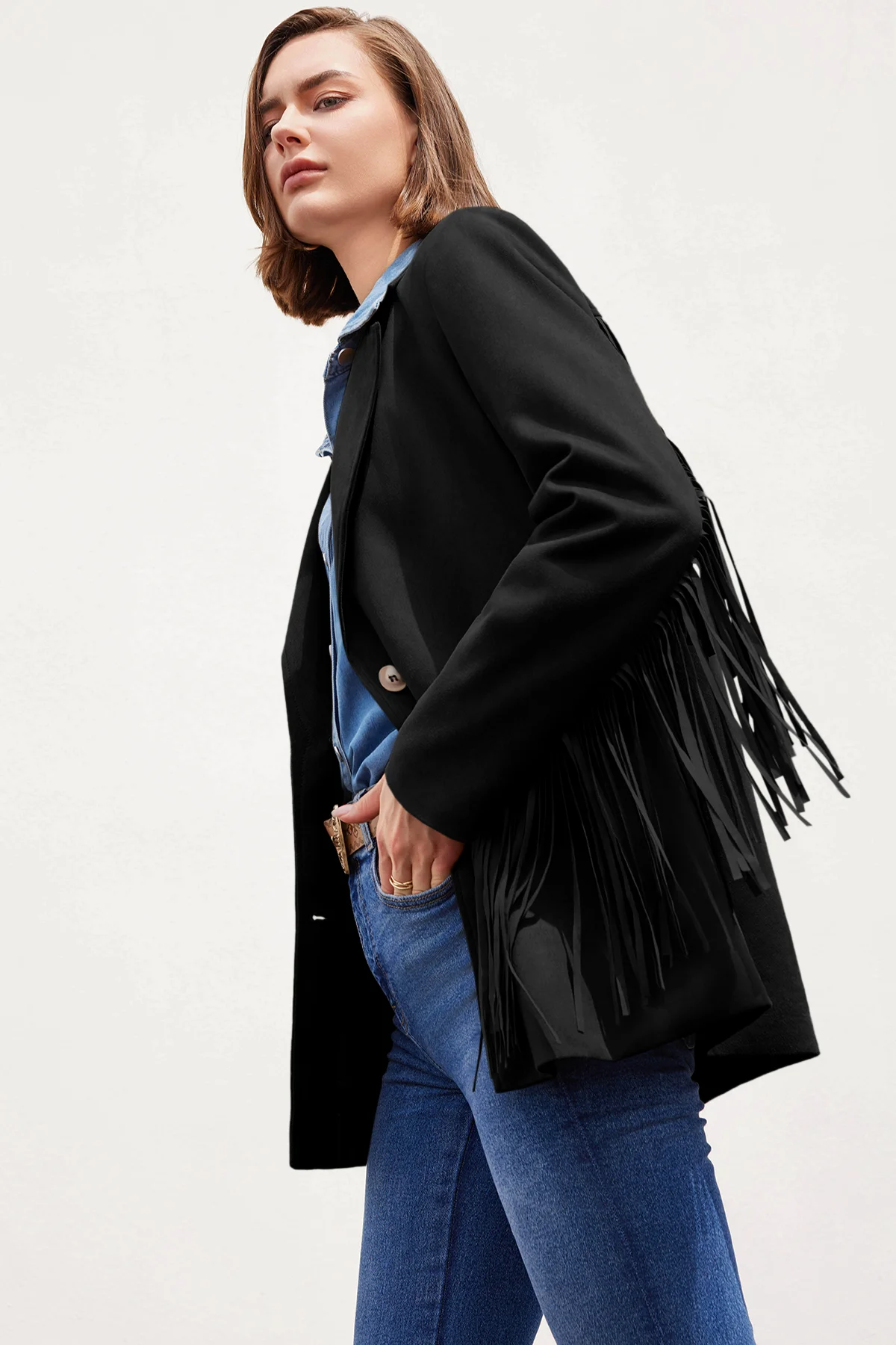 Cicy Bell Womens Black Fringe Jacket