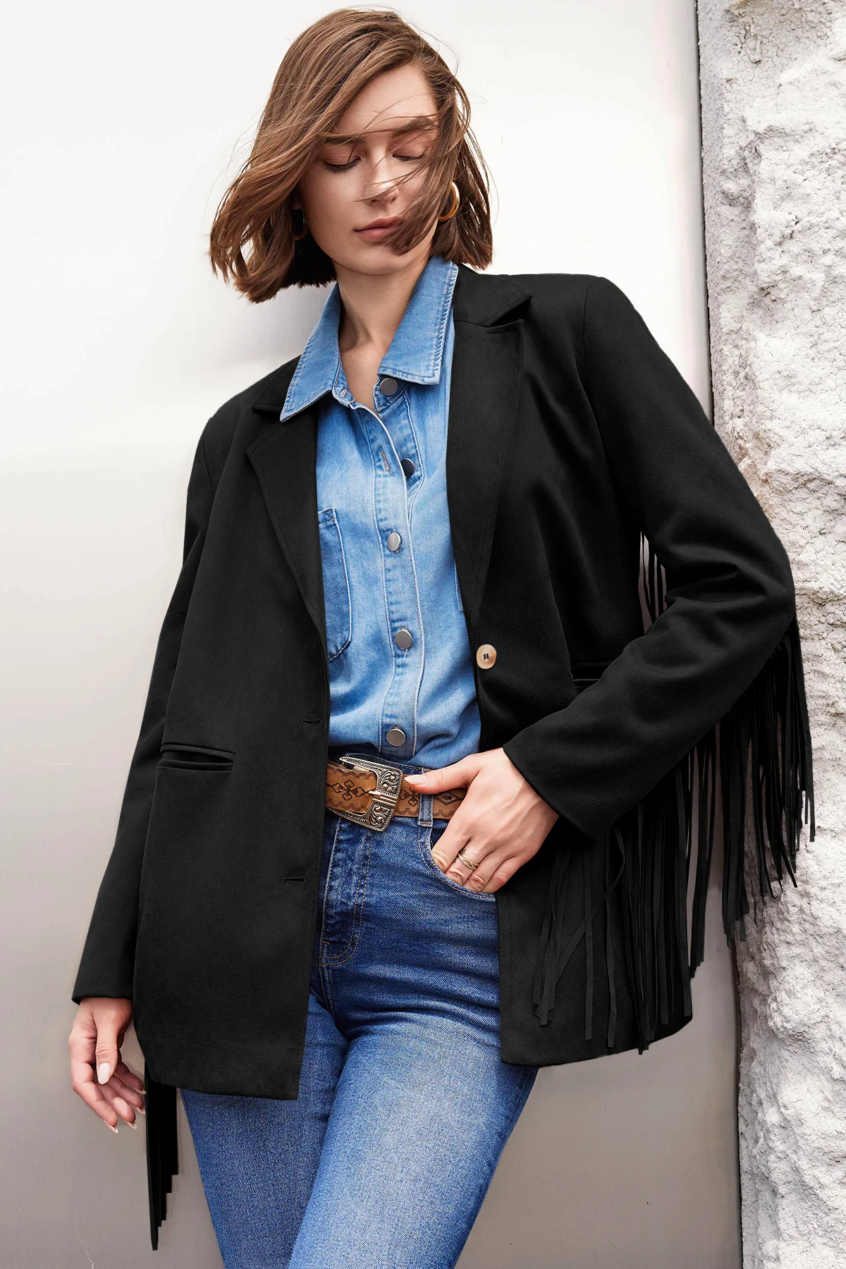 Cicy Bell Womens Black Fringe Jacket