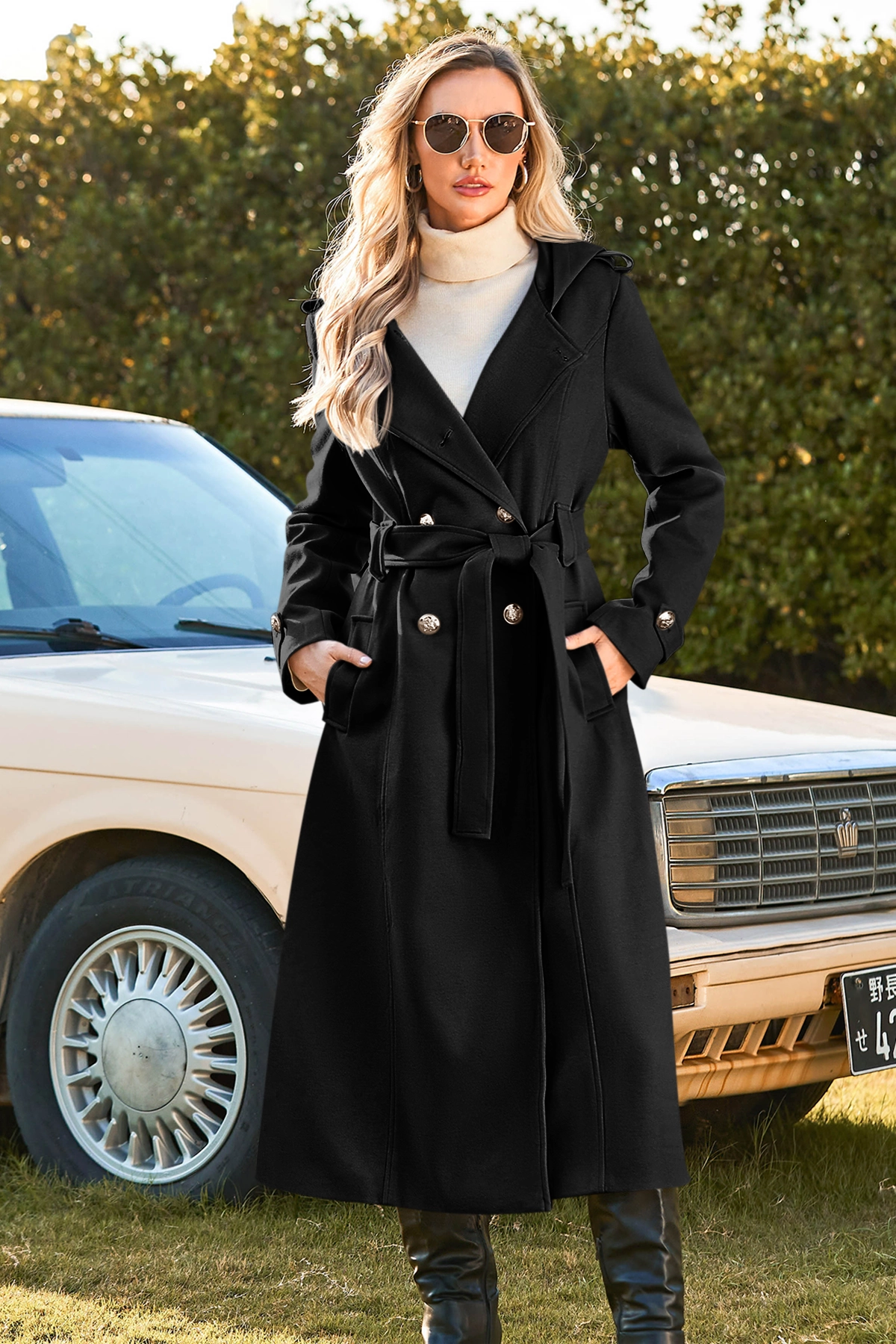 Cicy Bell Womens Black Long Hooded Coat