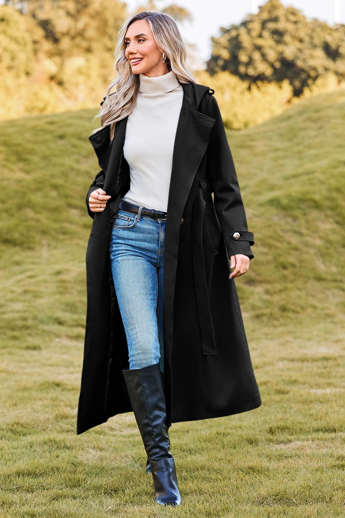 Cicy Bell Womens Black Long Hooded Coat