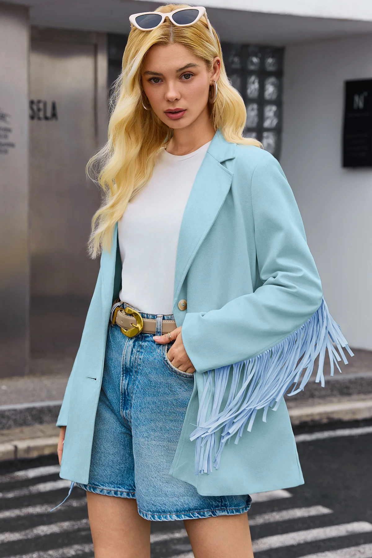 Cicy Bell Womens Blue Fringe Jacket