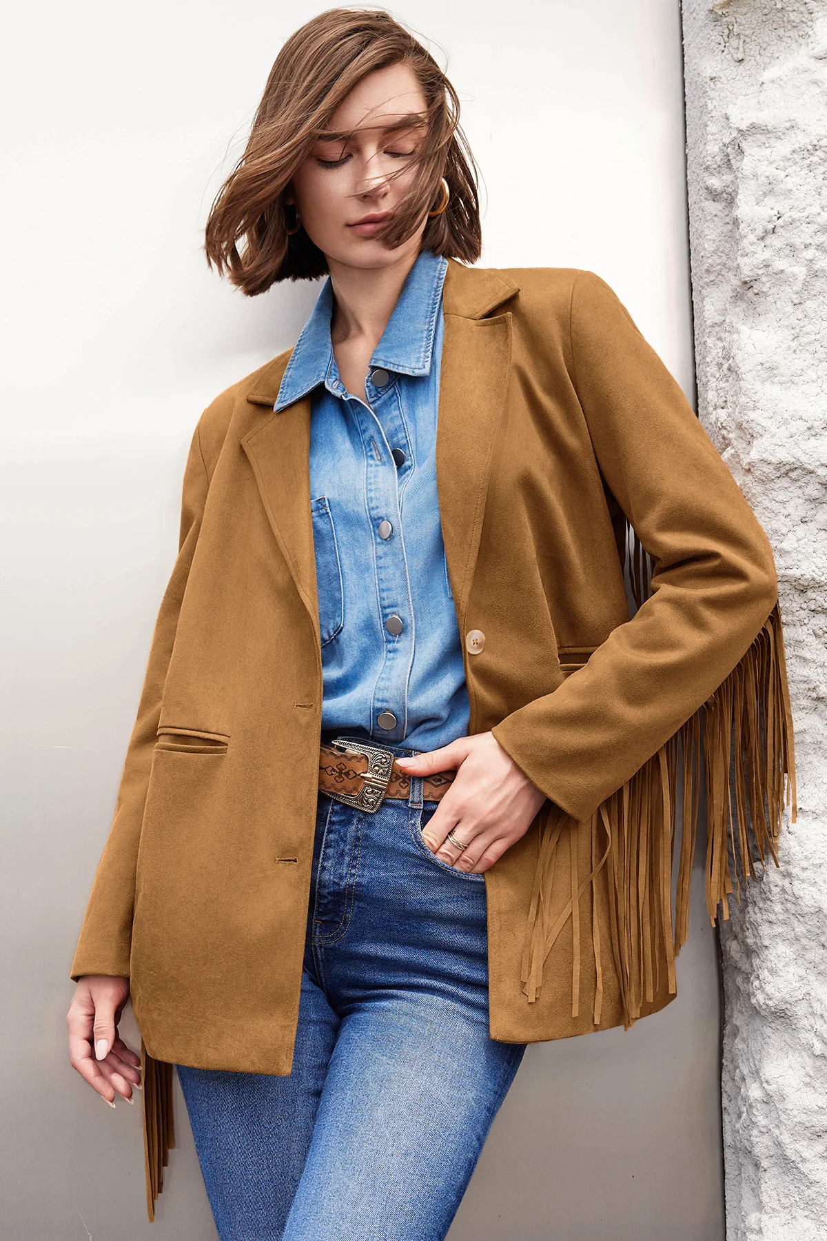 Cicy Bell Womens Brown Fringe Jacket