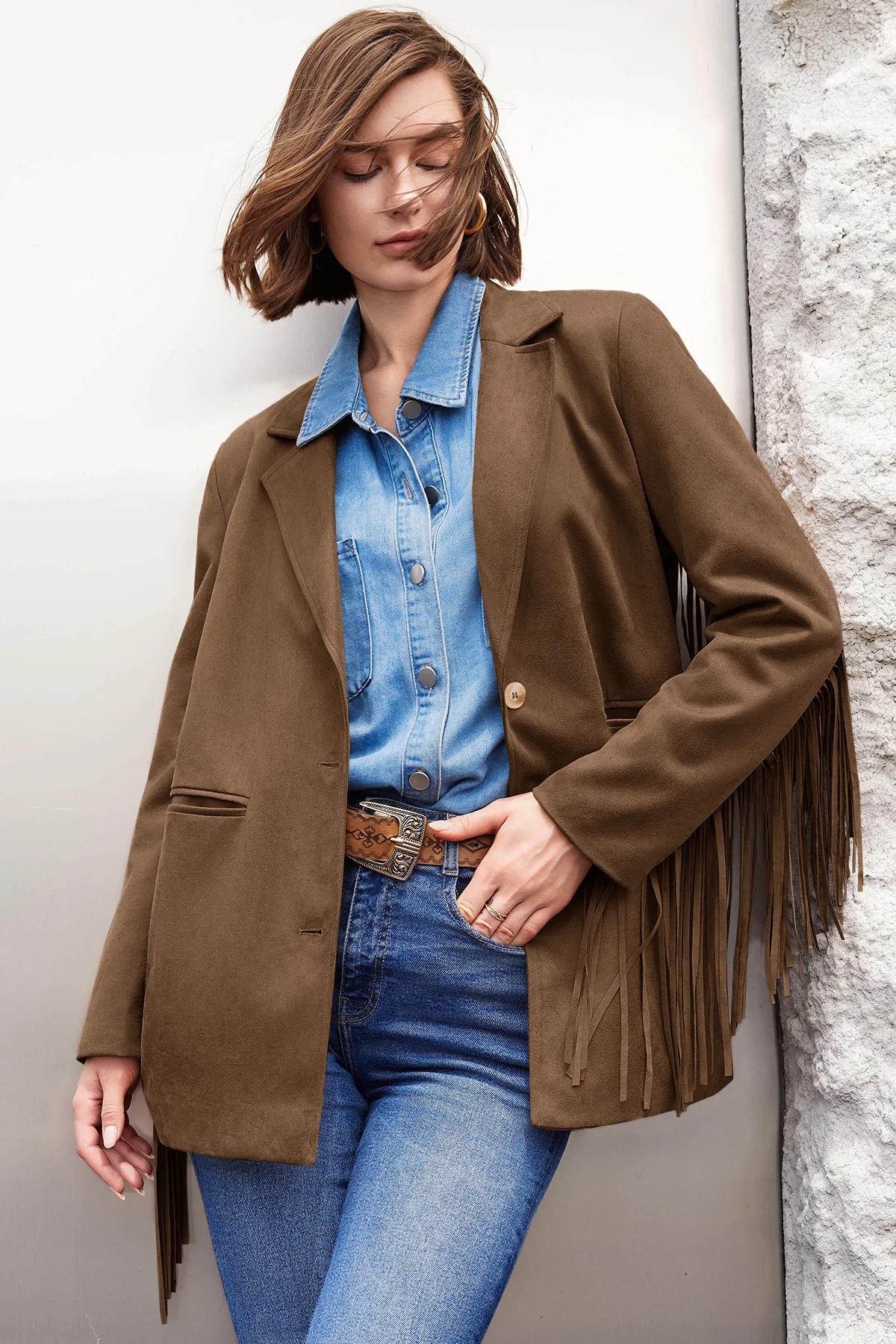 Cicy Bell Womens Dark Brown Fringe Jacket