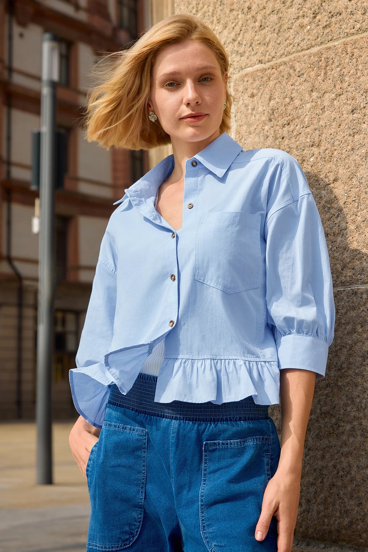 Cicy Bell Womens Sky Blue Cropped Shirts