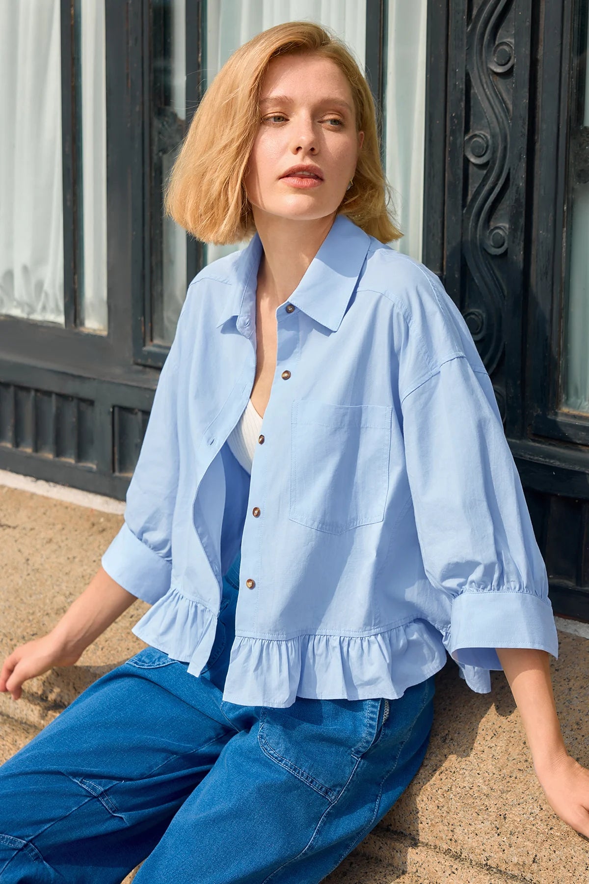 Cicy Bell Womens Sky Blue Cropped Shirts