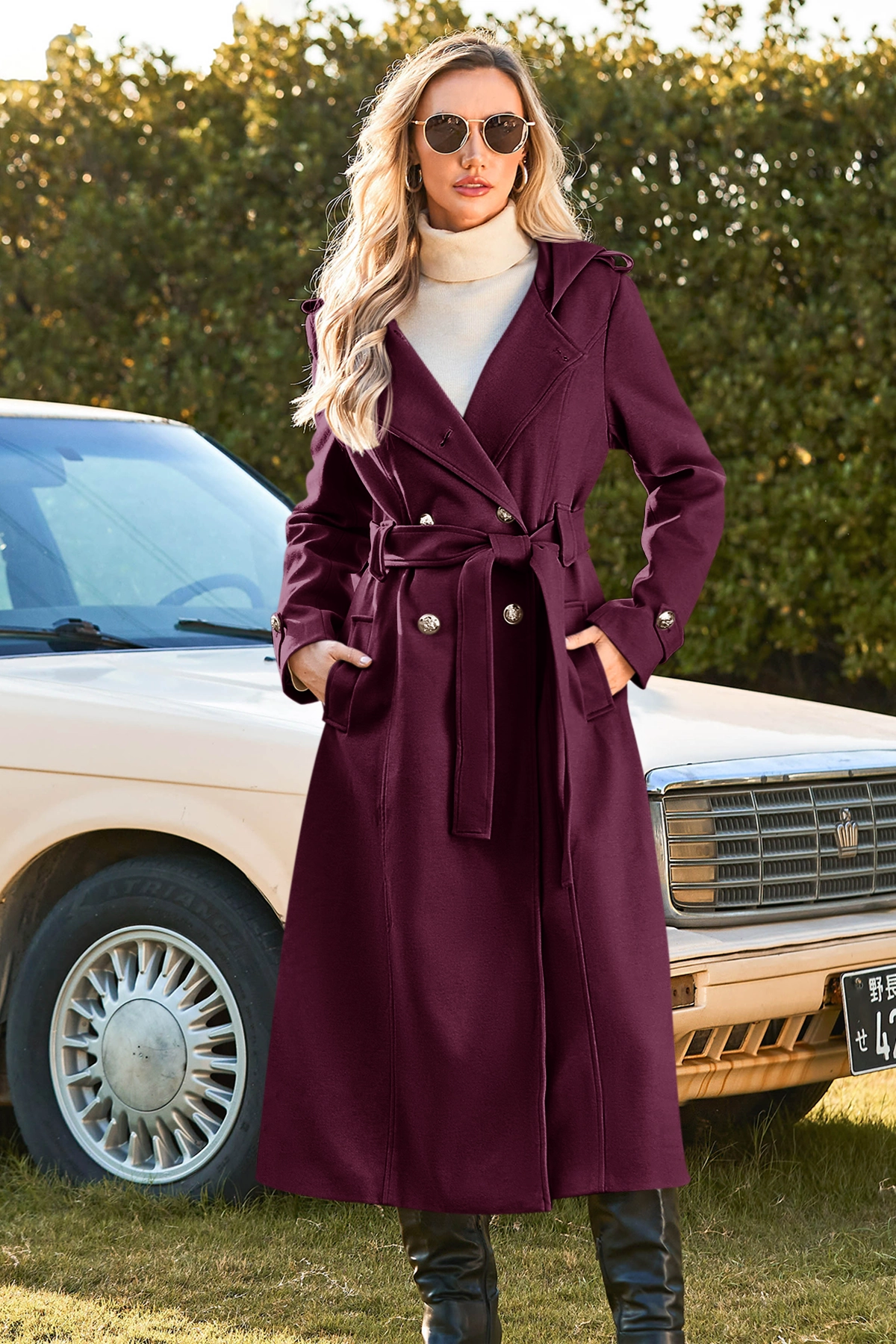 Cicy Bell Womens Wine Red Long Hooded Coat